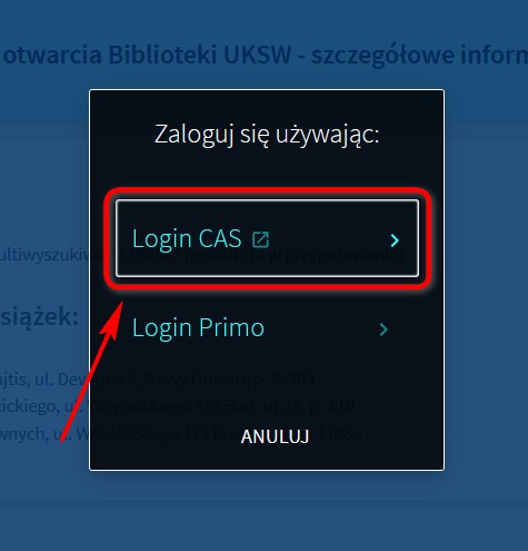Library catalogue login window. "Login CAS" button