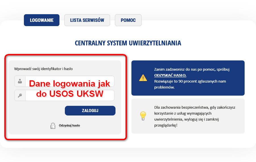 Central Authentication Service login window