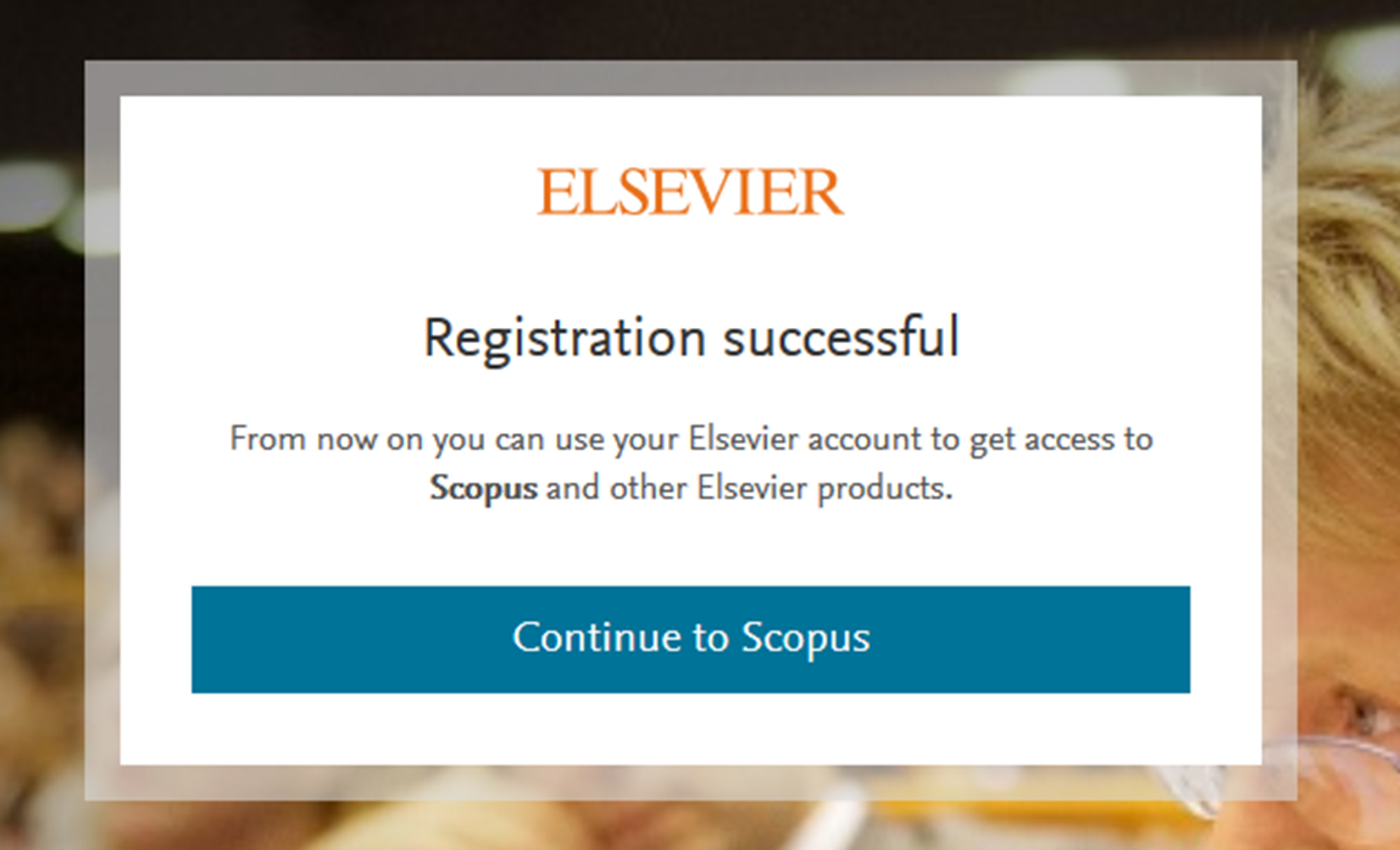 Zakładanie konta Elsevier - komunikat po rejestracji