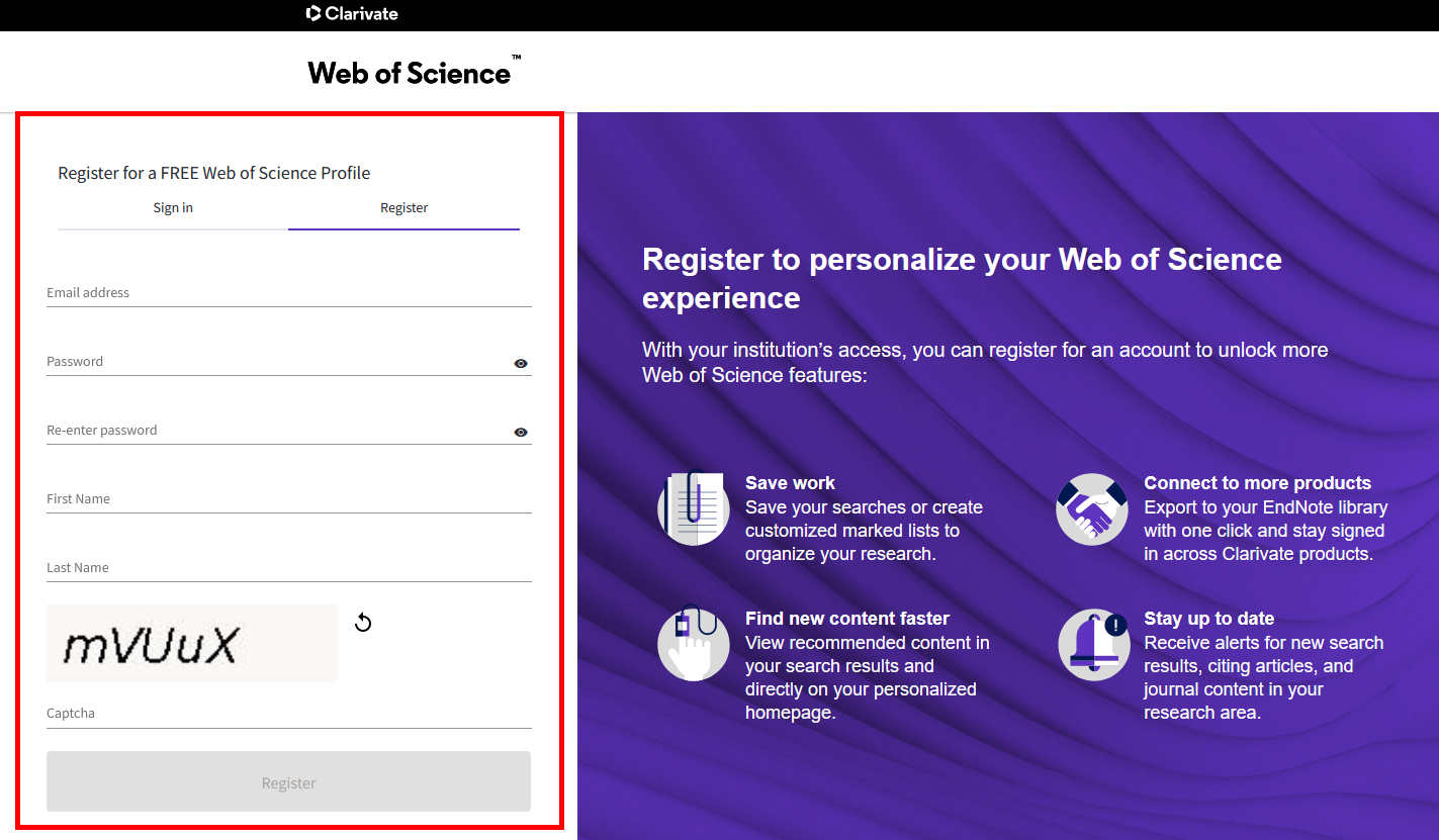 Web of Science - formularz rejestracyjny