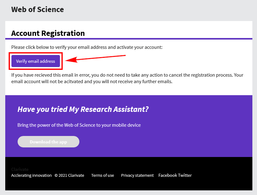 Web of Science - registration. E-mail address verification.