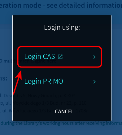 Library catalogue login window. "Login CAS" button