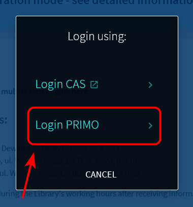Library catalogue login window. "Login Primo" button