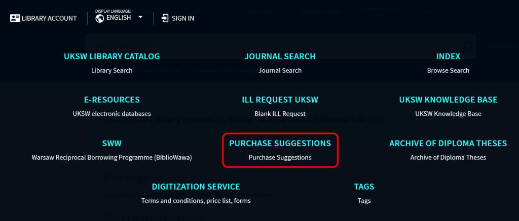 Additional menu view in Primo search engine of the UKSW Library catalogue. Purchase Suggestion