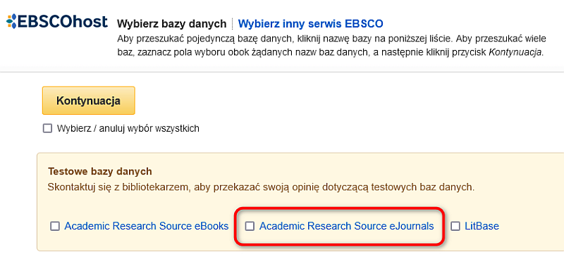 Wybór bazy Academic Research Source eJournals