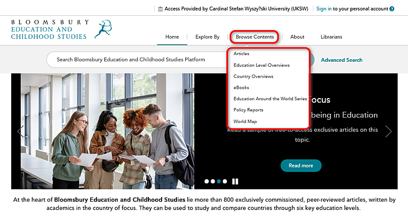 Pozycja Browse Contents w menu bazy logo Bloomsbury Education and Childhood Studies