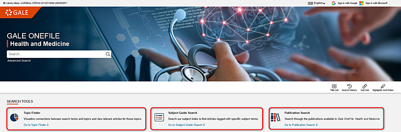 Gale OneFile: Health and Medicine search choice