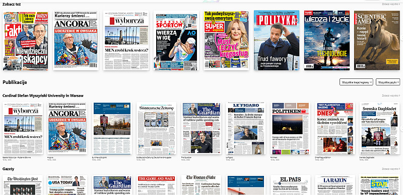 Widok tytułów czasopism w bazie PressReader