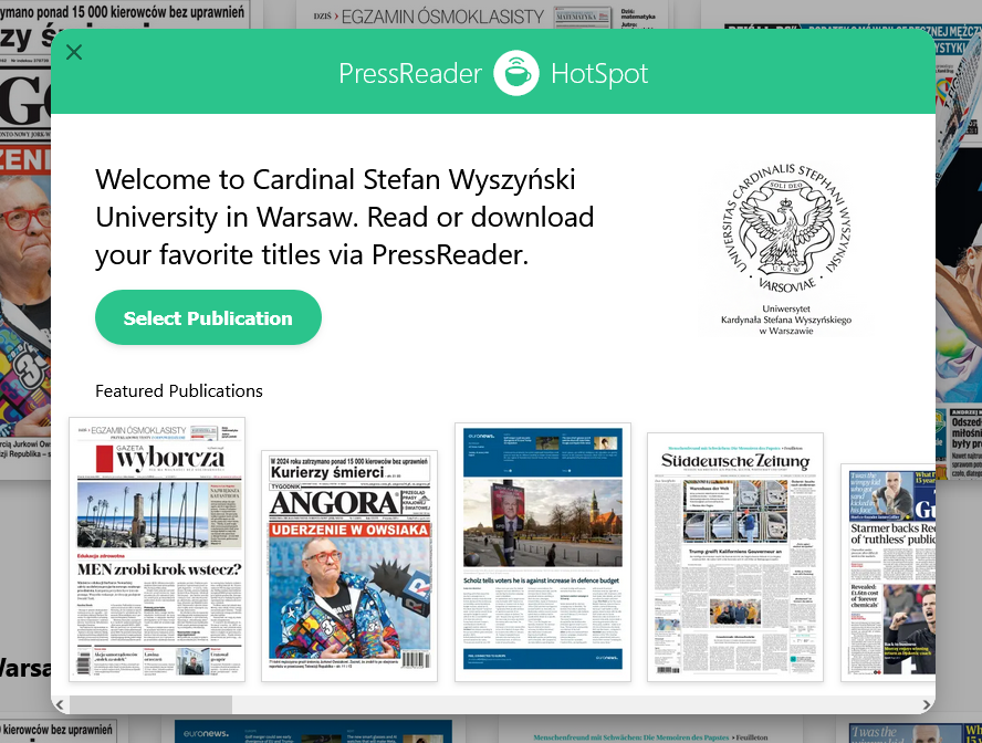 Okienko powitalne po zalogowaniu na platformie PressReader