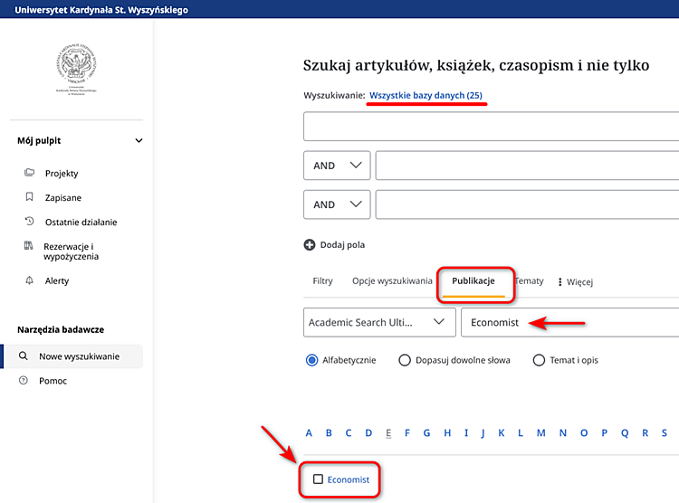 Wyszukiwanie czasopisma The Economist w bazie EBSCO