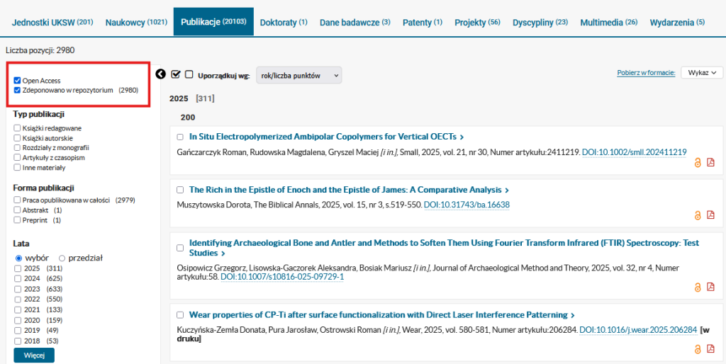 View of the publication list in the UKSW Knowledge Base with the "Open Access" and "Deposited in the repository" filters selected on the right-hand side.