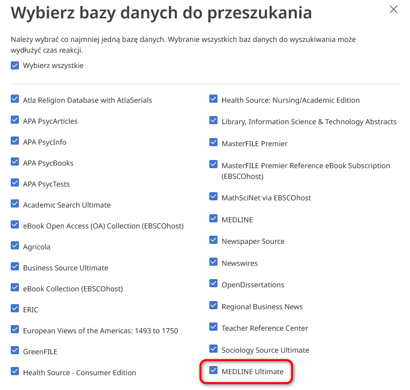 Zaznaczenie bazy MEDLINE Ultimate