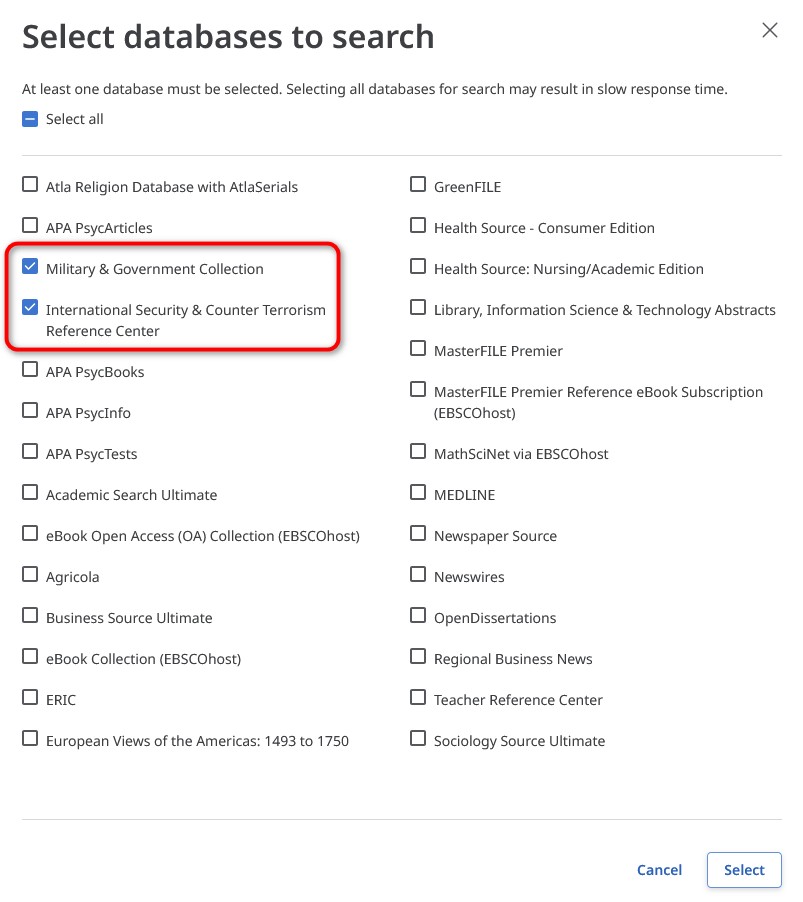 Choice screen of EBSCOhost platform