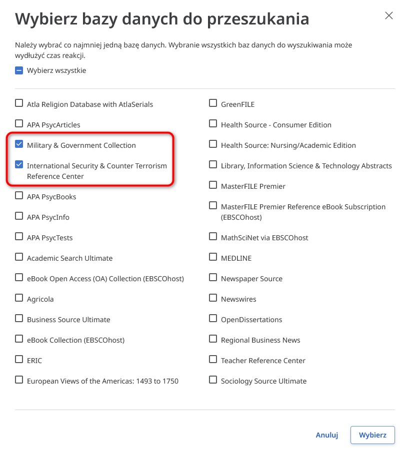 Ekran wyboru baz w usłudze EBSCOhost
