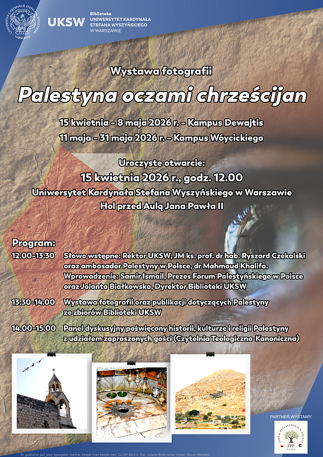 Plakat promujący wystawę fotografii Palestyna oczami chrześcijan wraz z programem.