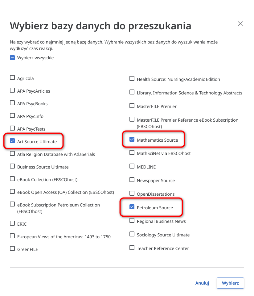 Ekran wyboru baz w usłudze EBSCOhost