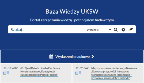 Mobilny widok strony głównej Bazy Wiedzy UKSW z wyszukiwarką, menu nawigacyjnym oraz widżetem "Wydarzenia".