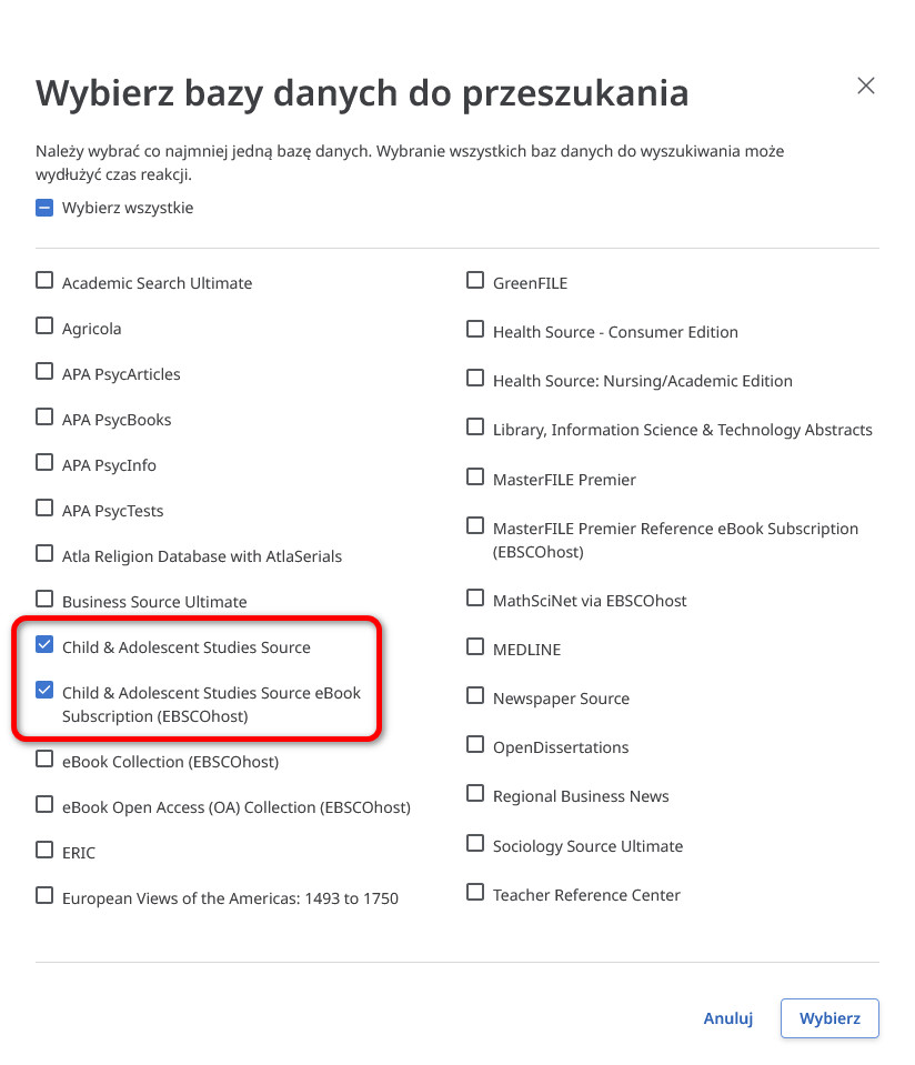 Ekran wyboru baz w usłudze EBSCOhost