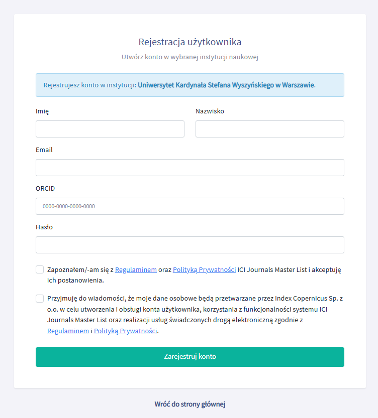 ICI Journal Master List logowanie alternatywne. Krok drugi - wypełnianie formularza rejestracyjnego